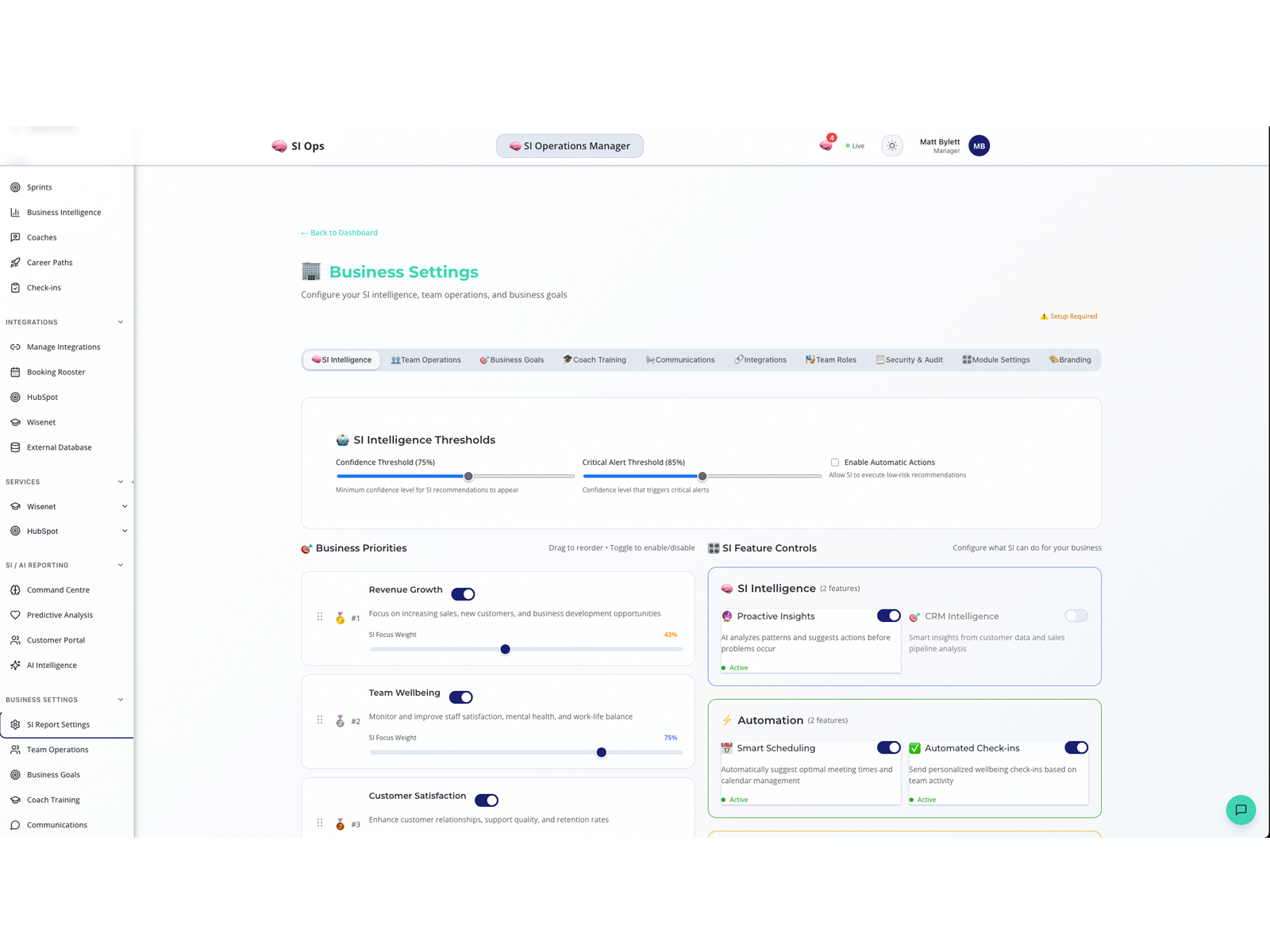 SI Operations Manager command centre — composite view across integrations
