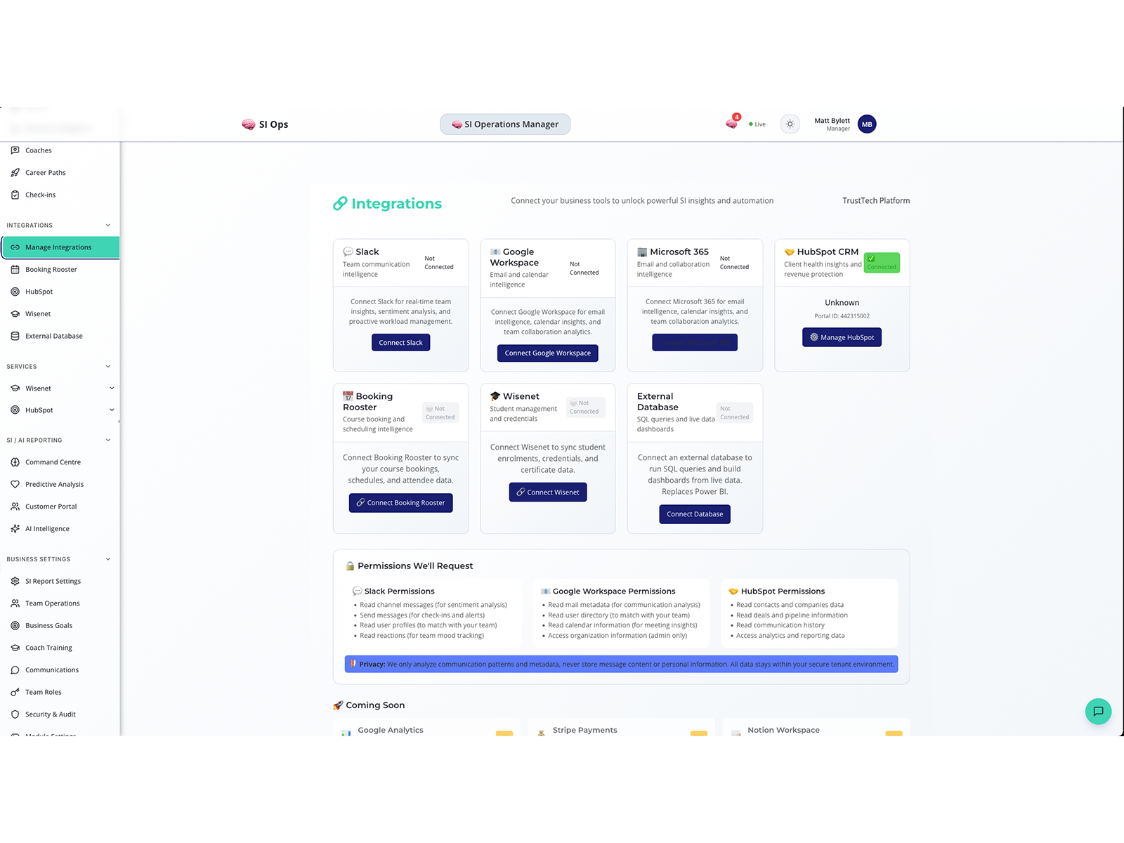 SI Operations Manager integrations panel showing connected HubSpot, Wisenet, Xero, and Booking Rooster systems