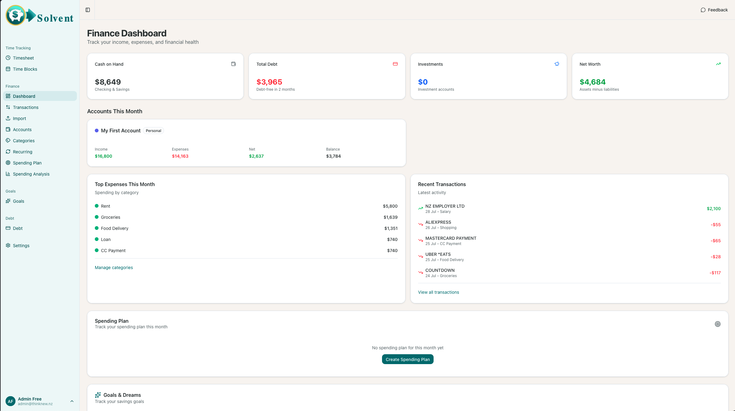 Solvent finance dashboard — cash on hand, total debt, investments, and net worth, with top expenses and recent transactions