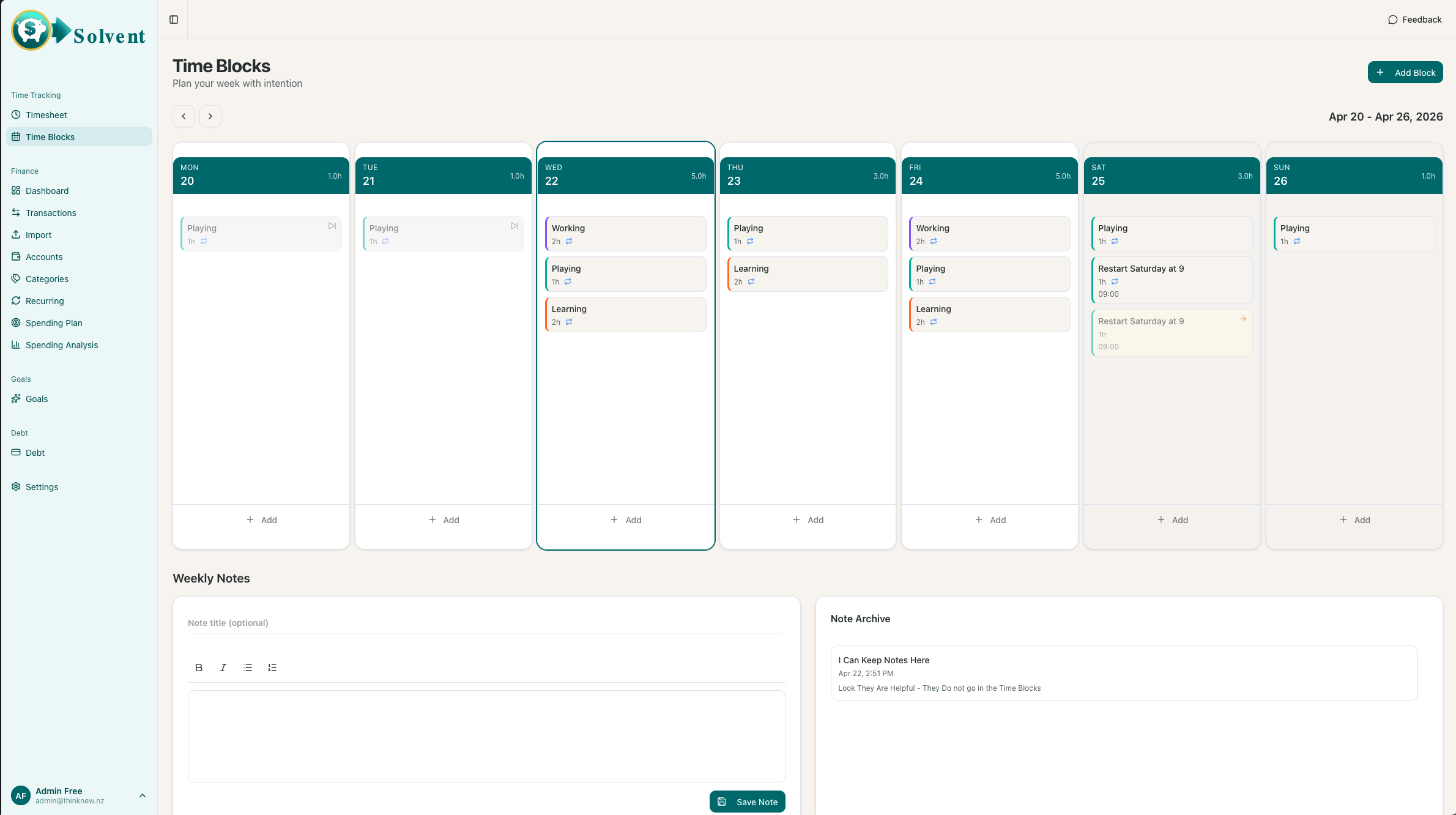 Solvent time blocks — weekly calendar with colour-coded working, playing, and learning blocks